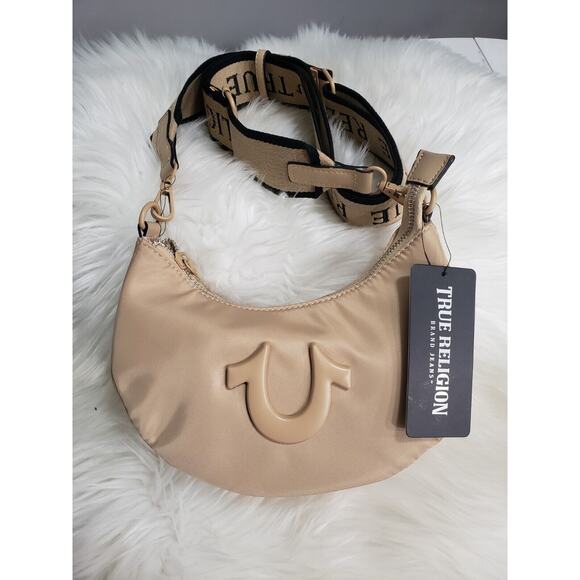 NEW True Religion Hobo Crossbody CRESCENT MOON Logo Strap Purse Bag y2k Camel - Picture 8 of 8